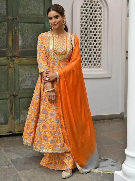 Orange Cotton Embroidered Kurta & Palazzo Set