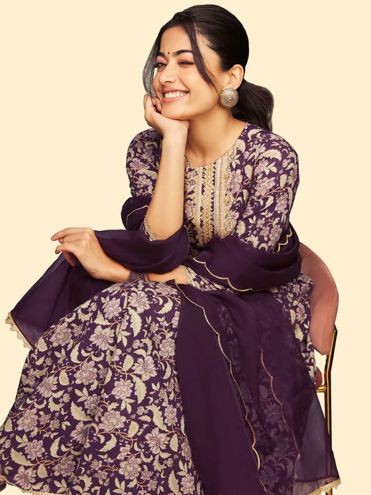 Violet Cotton Floral Printed Kurta & Palazzo Set