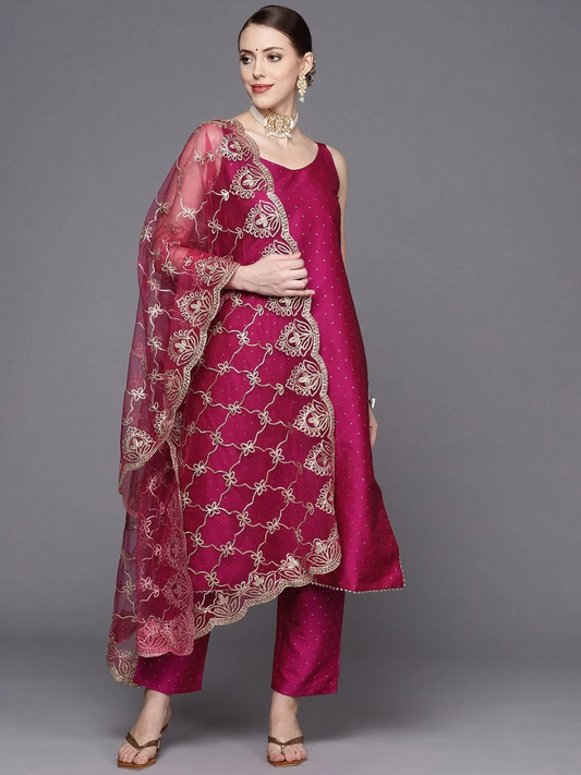 Magenta Pink And Gold Polka Dot Strap Kurta Set With Dupatta