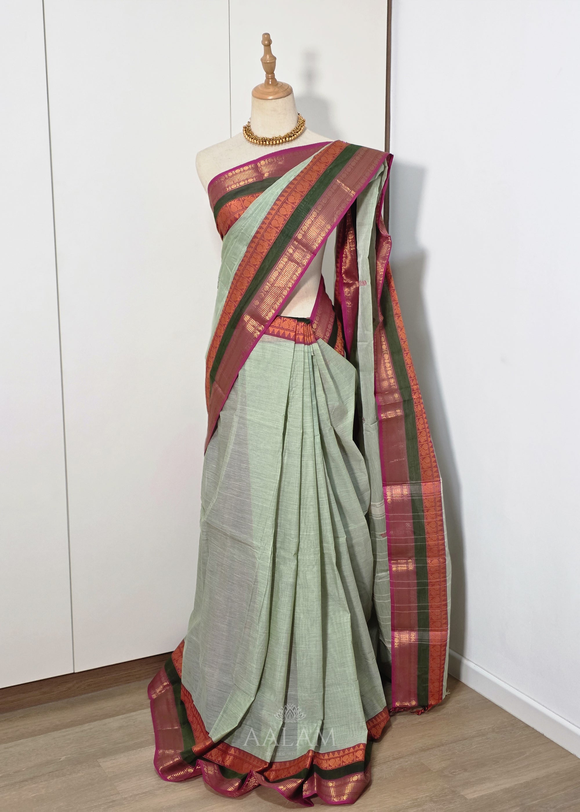 Sage Green Cotton Saree with Olive Green and Pink Border