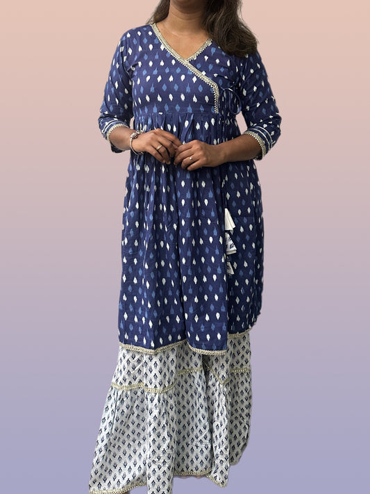 Angrakha Sharara Kurti Set - Indigo & White