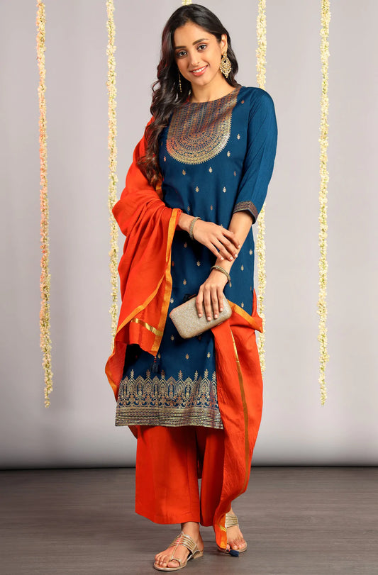 Blue Poly Silk Kurta With Palazzo & Orange Dupatta