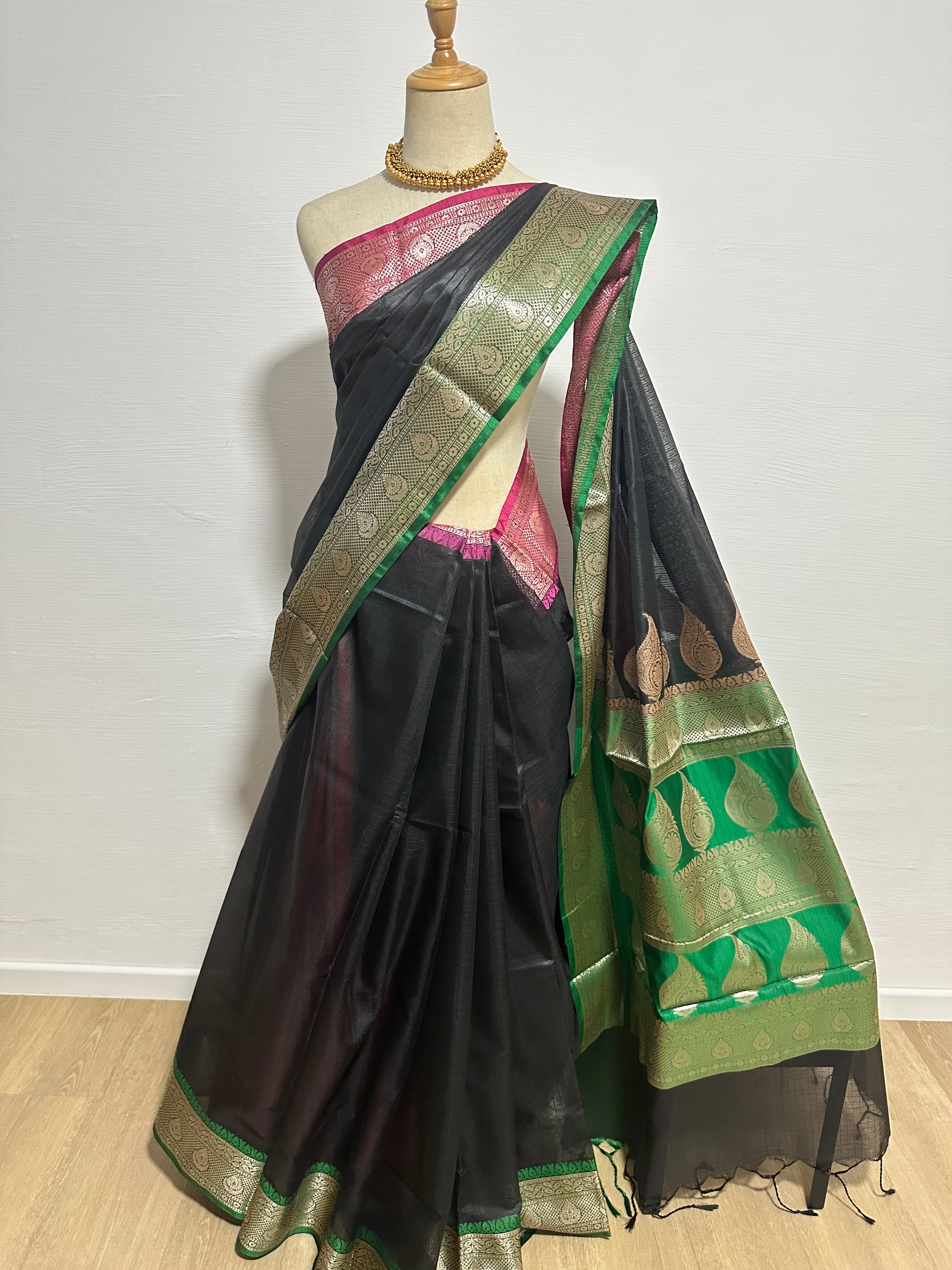 Black Cotton Kota Soft Silk Saree - Pink & green Border