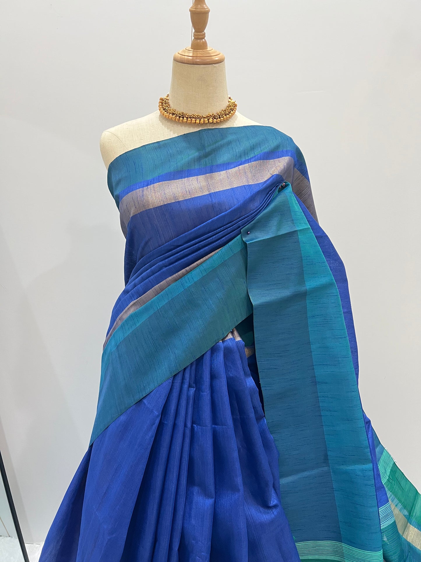 Raw Silk Saree - Blue x Green