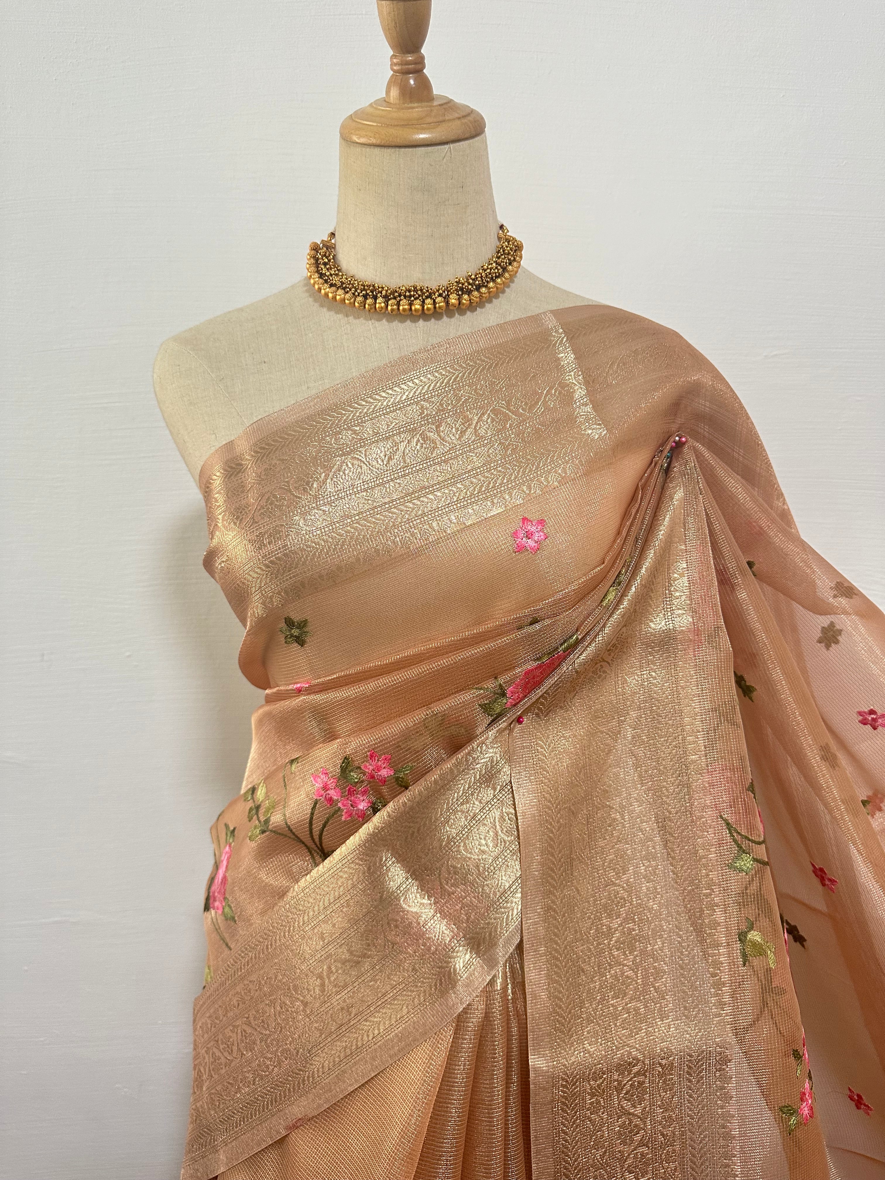 Tissue Silk Embroidery Saree - Copper