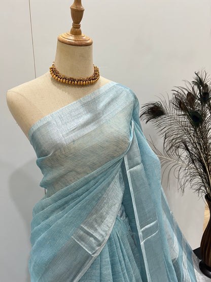 Linen Silver Zari - Pastel Blue