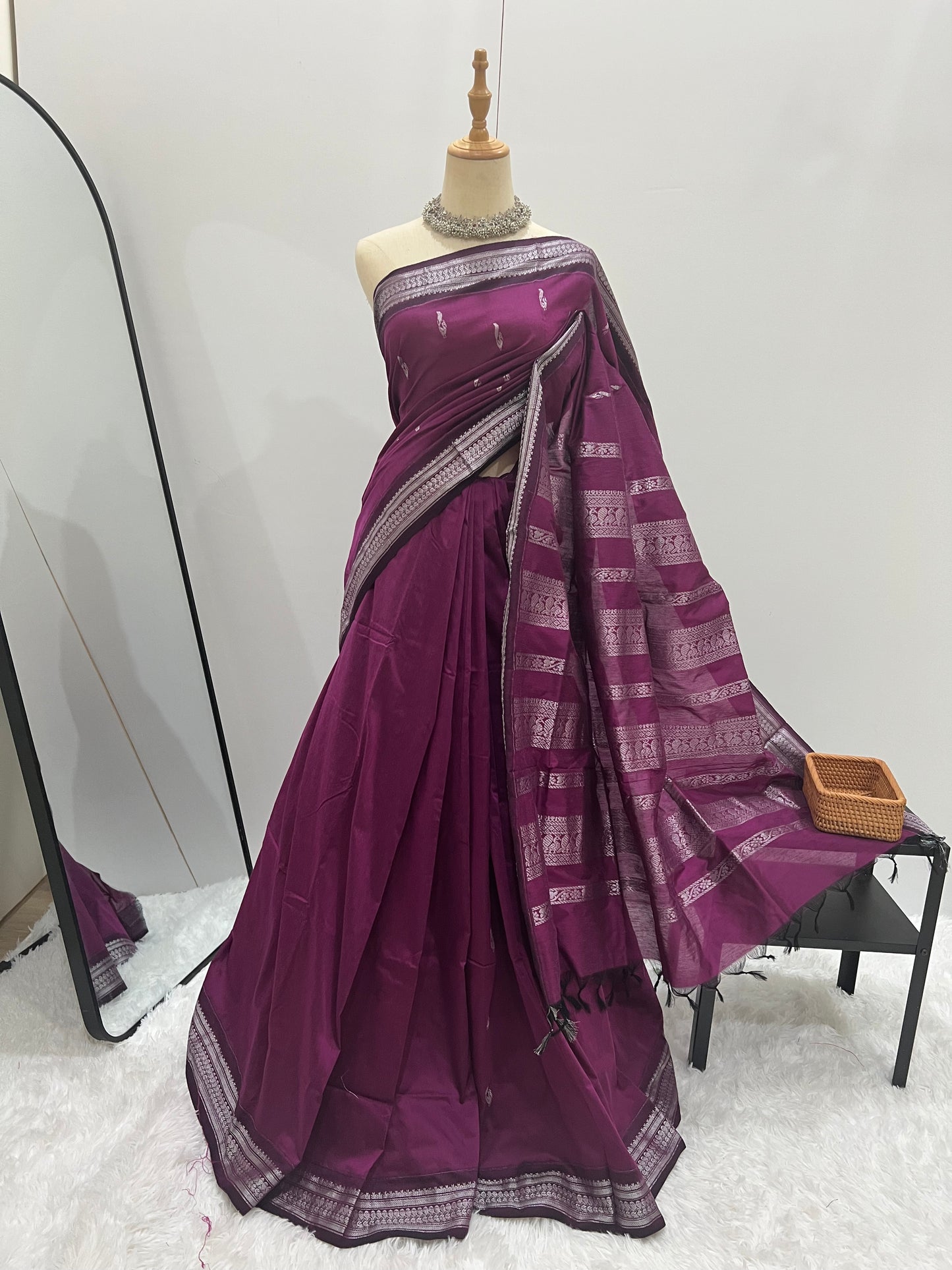 Kalyani Cotton Saree -  Purple Magenta Silver Zari