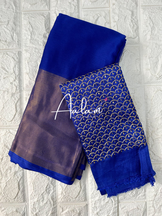 Chiffon Saree with Gold Border & Aari Blouse - Blue