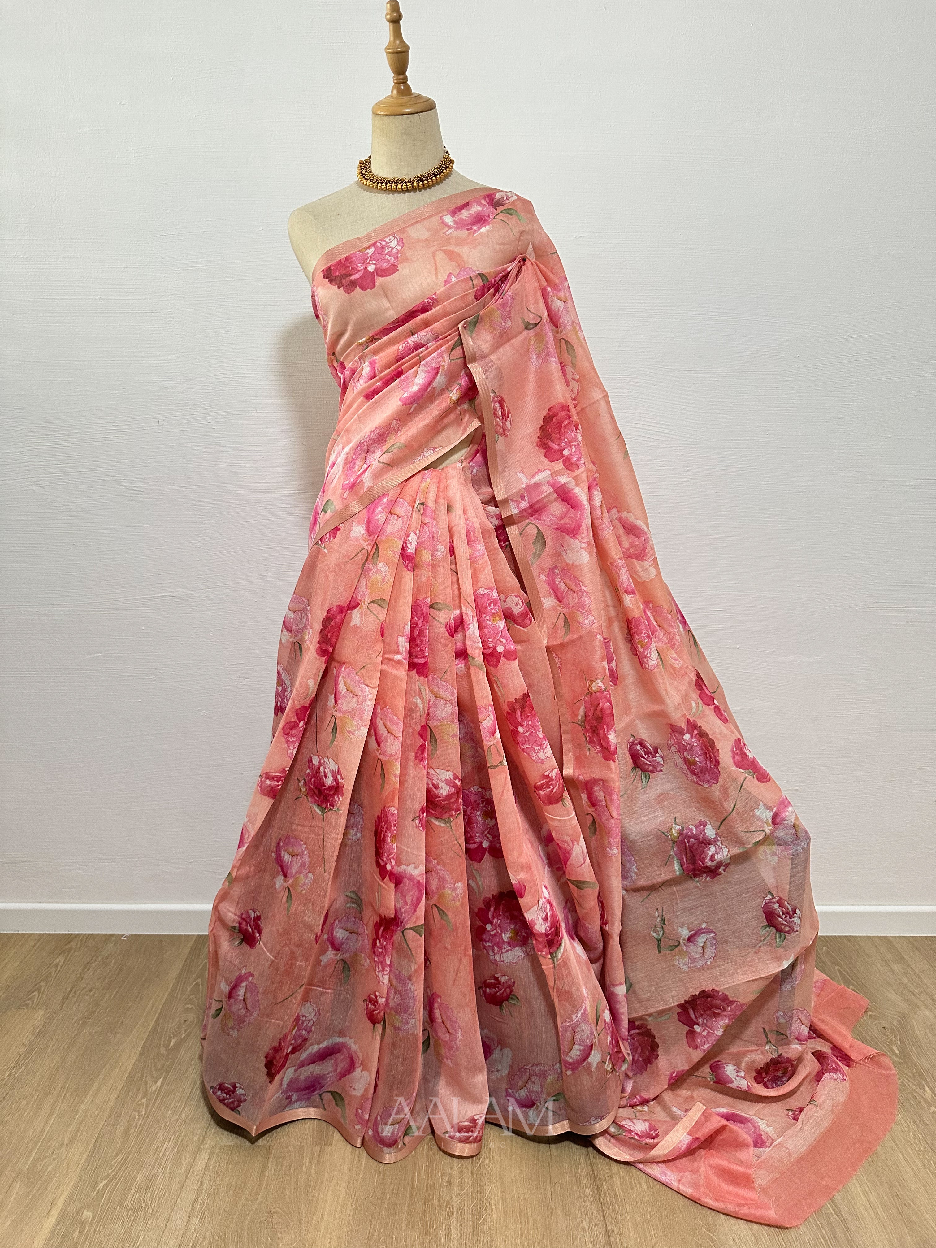 Floral Soft Linen Saree - Pink