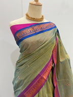 Kanchi Cotton Saree - Dual Tone Olive Green with Ganga Jamuna Border