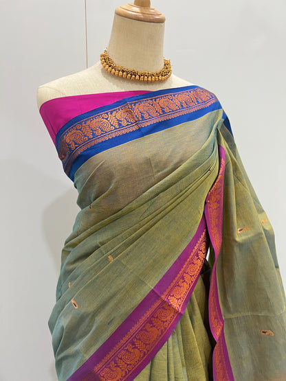 Kanchi Cotton Saree - Dual Tone Olive Green with Ganga Jamuna Border