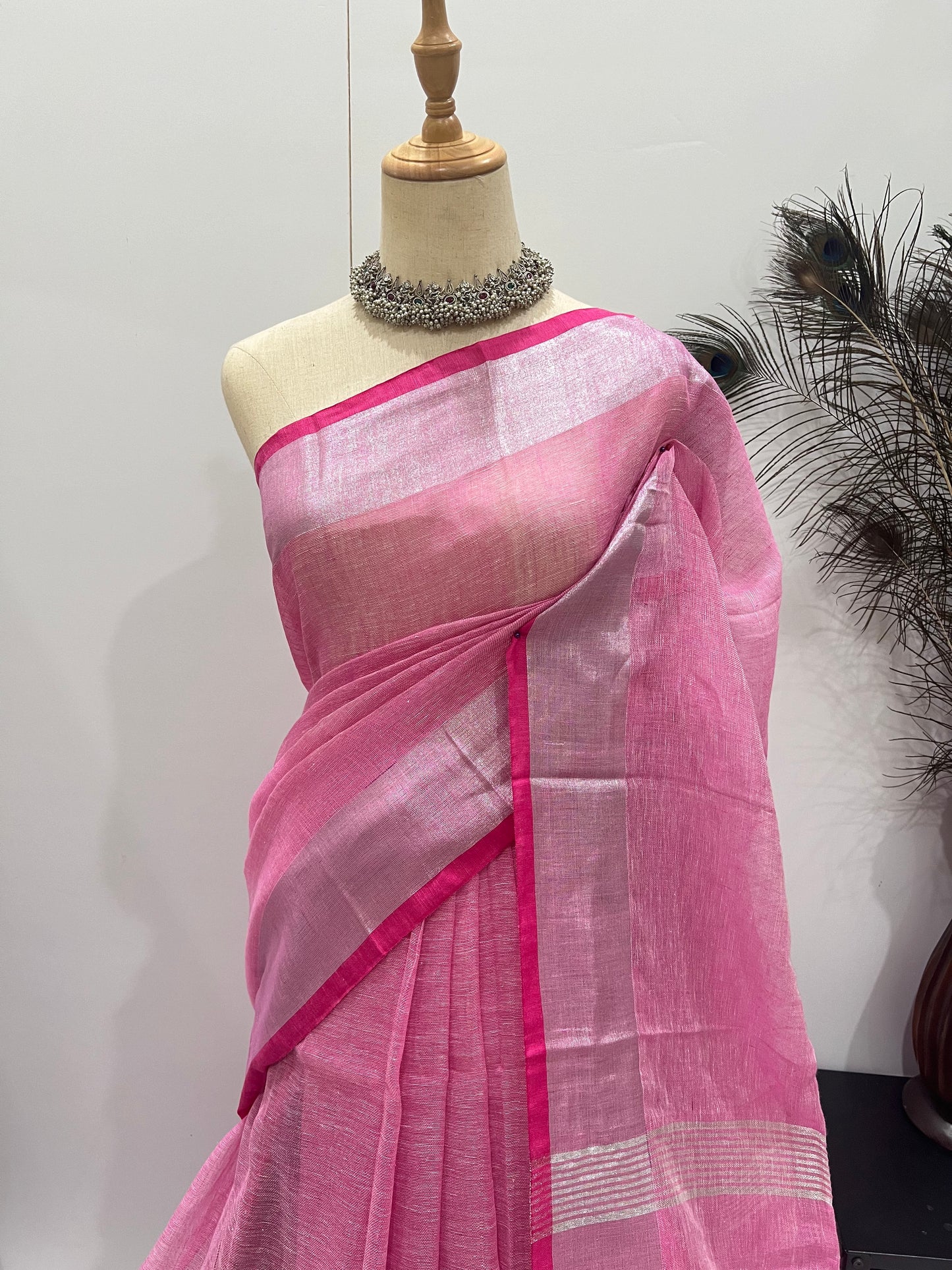 Linen Silver Zari - Pink