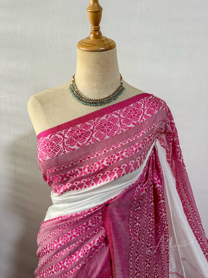 Handloom Mercerized Cotton Saree – White & Pink