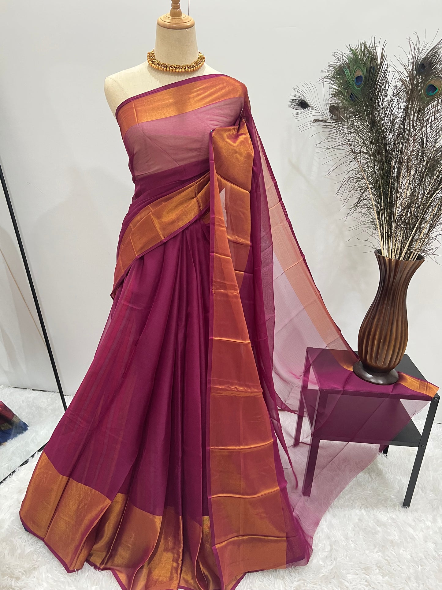 Chiffon Saree with Gold Border & Aari Blouse - Magenta