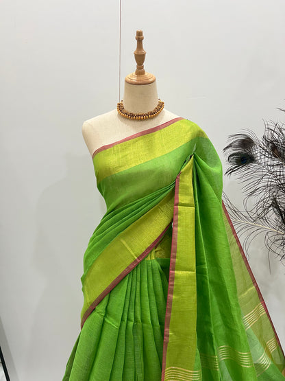 Linen Silver Zari - Parrot Green & Pink