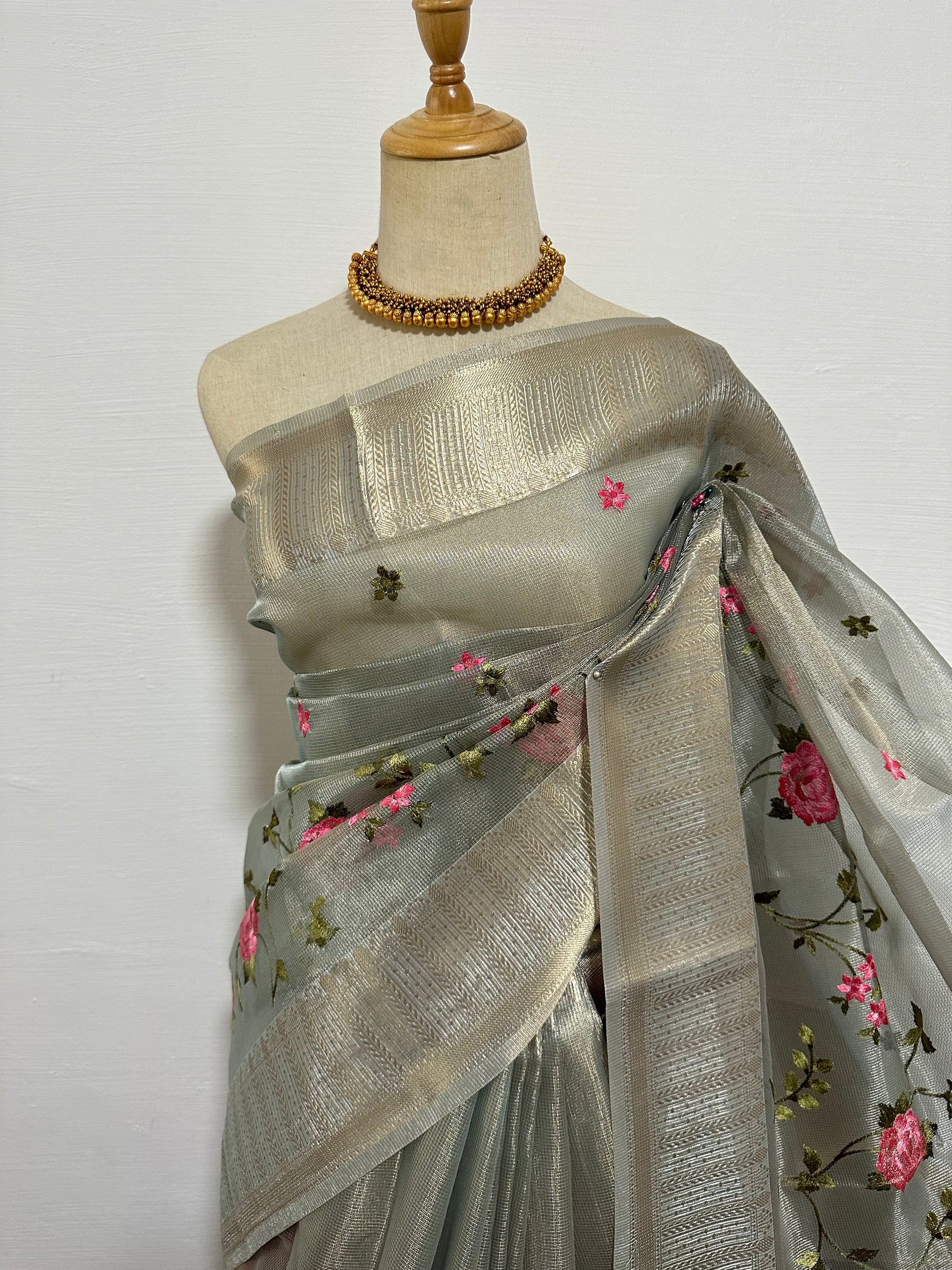 Tissue Silk Embroidery Saree - Grey