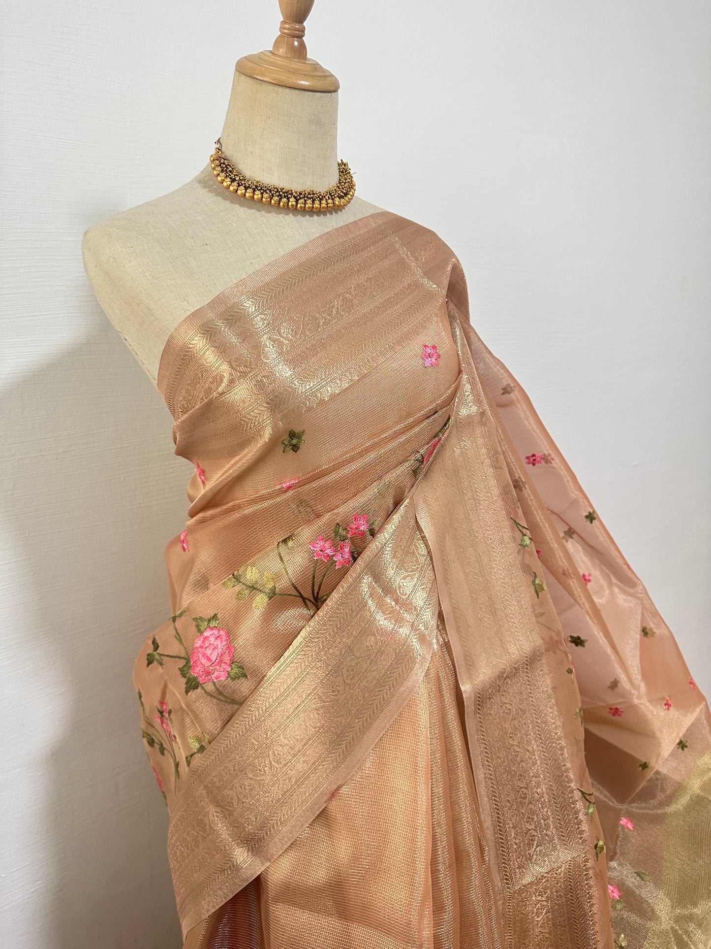 Tissue Silk Embroidery Saree - Copper