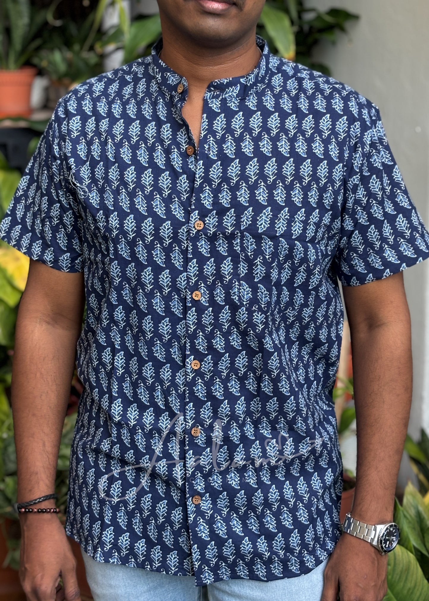 Men’s Indigo Leaf Printed Short Sleeve Shirt