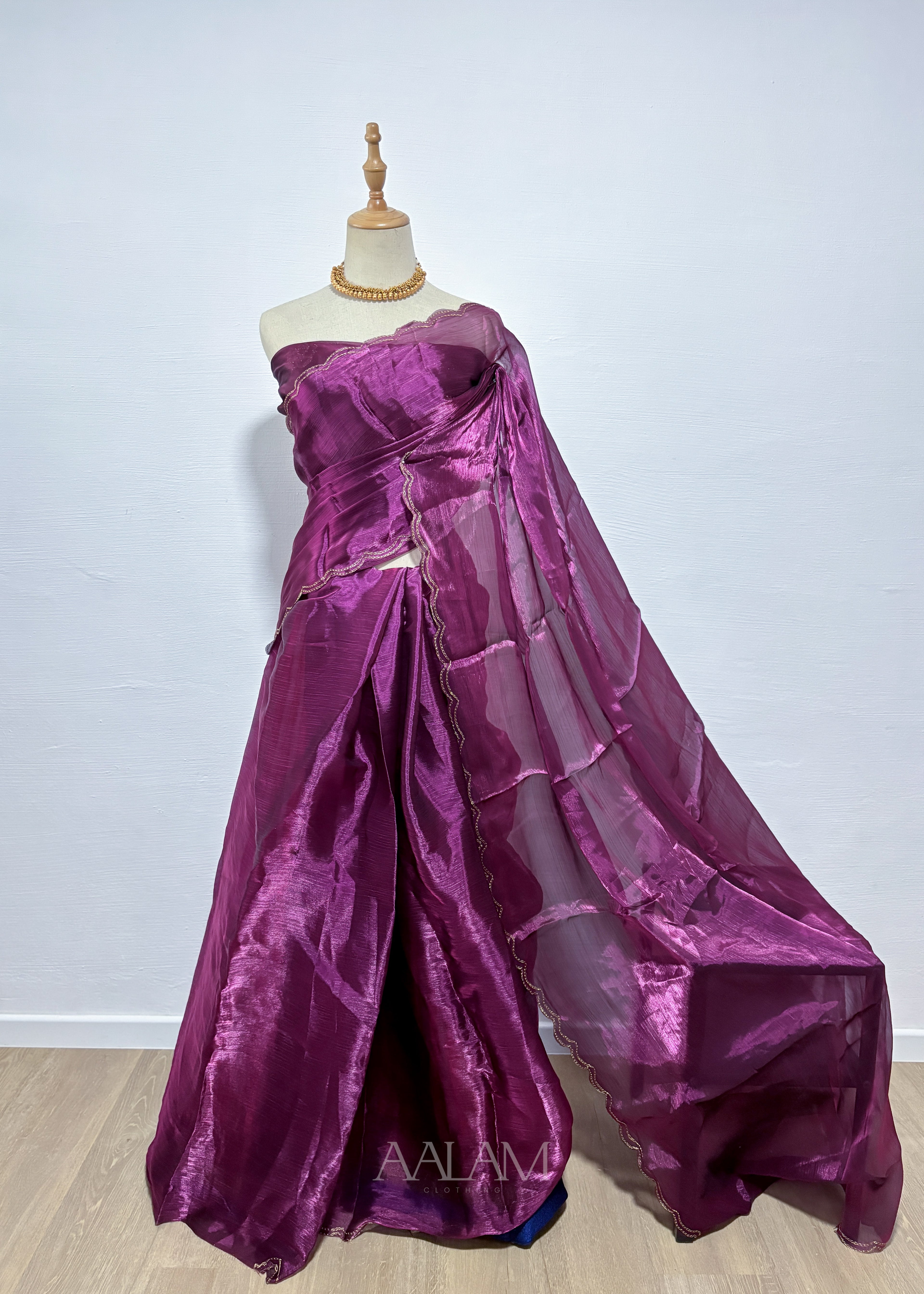 Metallic Georgette Saree with Gold Border - Deep Plum