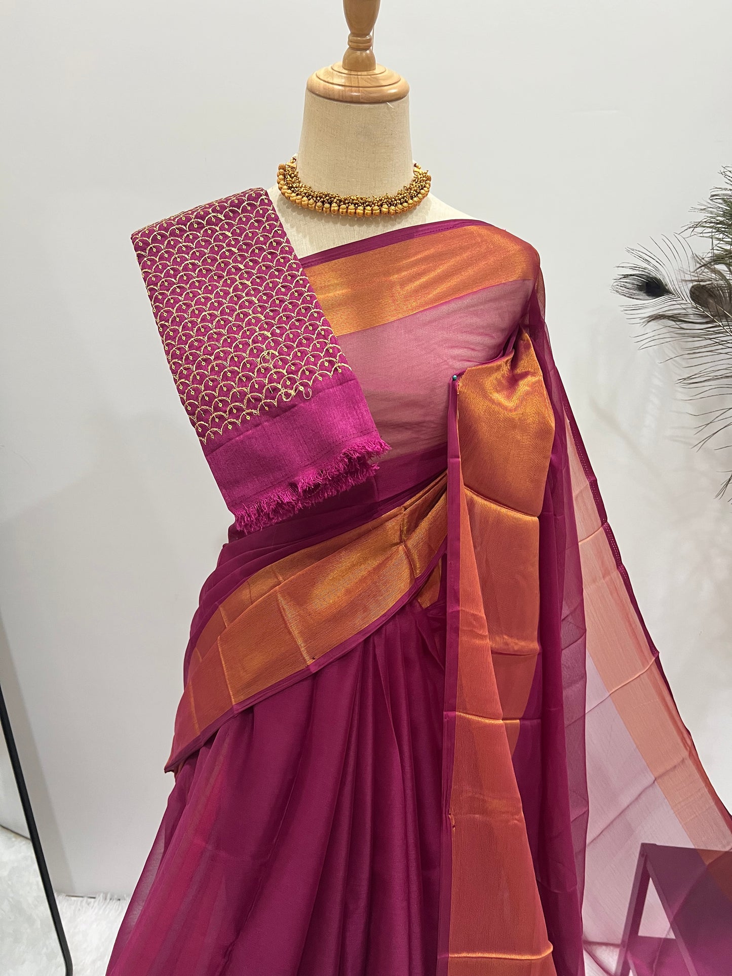 Chiffon Saree with Gold Border & Aari Blouse - Magenta