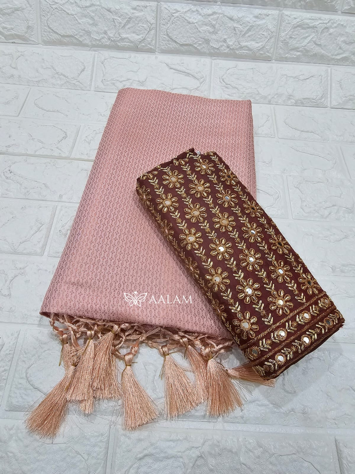 Kubera Silk Saree w Aari blouse - Rose Gold & Brown