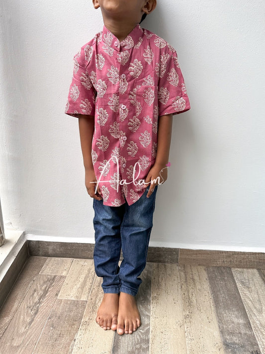 Boy Short Sleeve Shirt - Mauve Block Prints