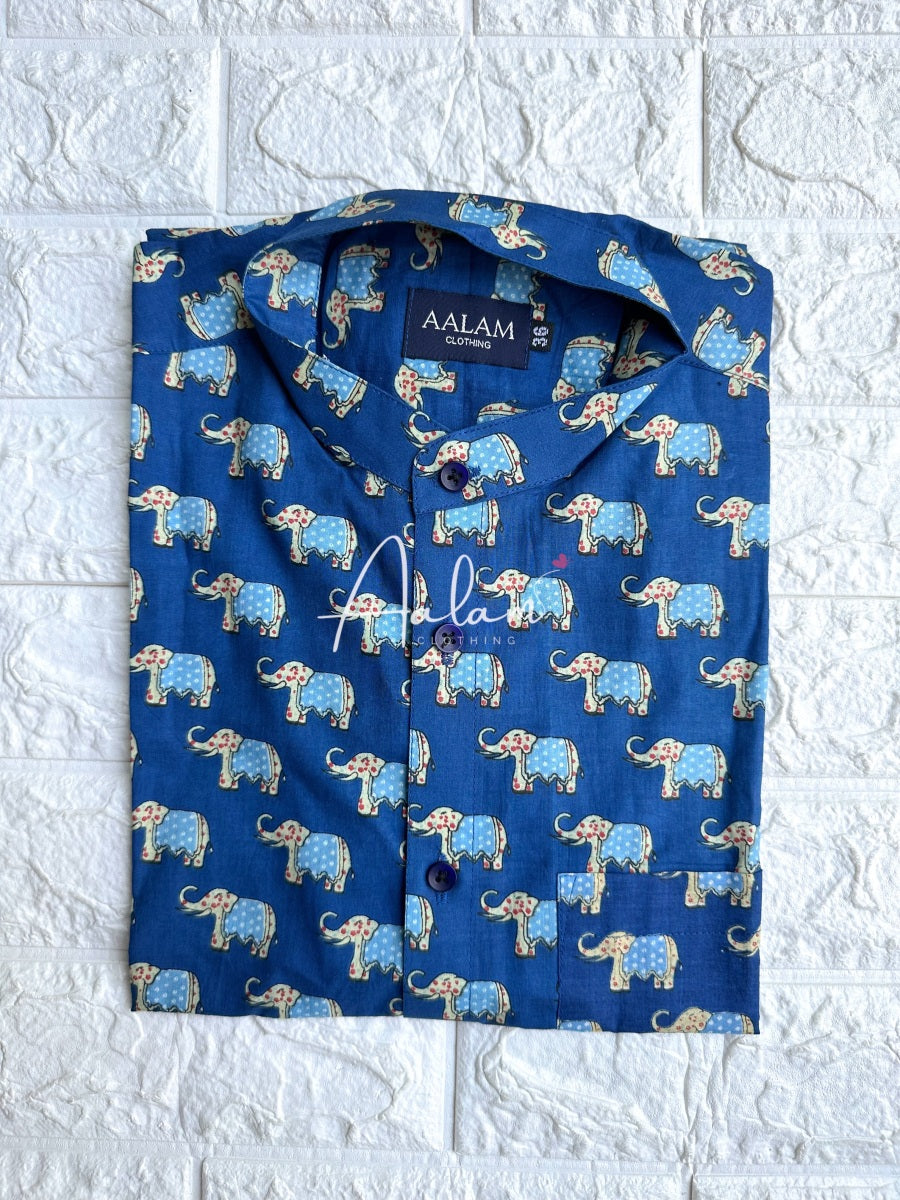 Men Short Sleeve Shirt - Blue Elephant Prints