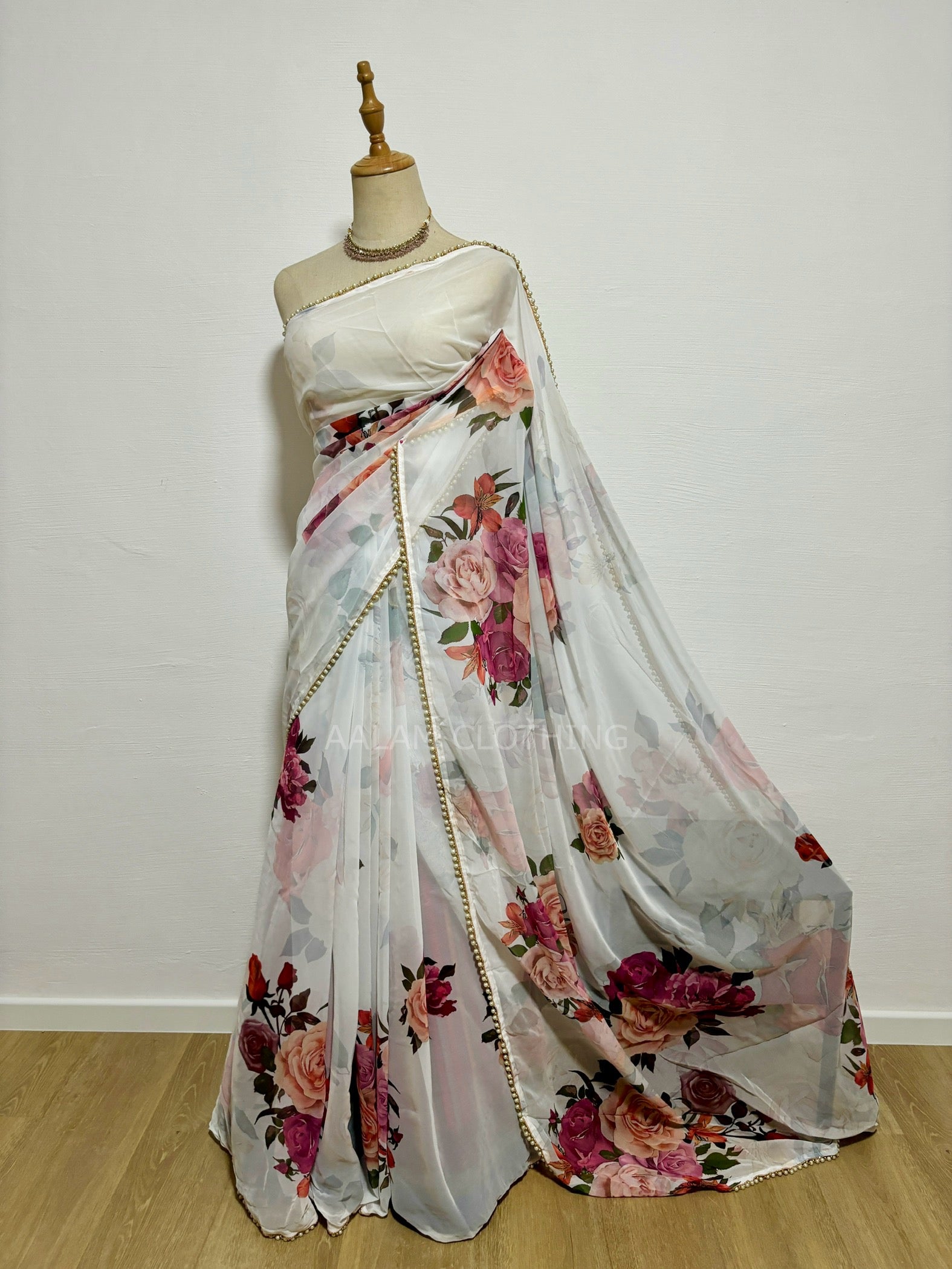 Georgette Pearl Lace Floral Saree - White & Pink florals