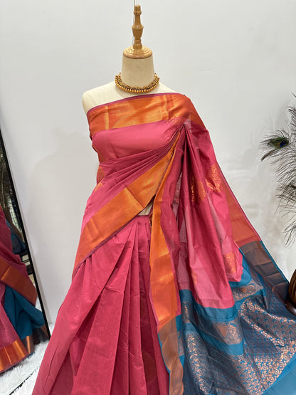 Silk Cotton Copper Zari Saree - Dusky Pink & Light blue