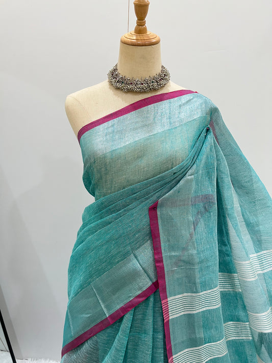 Linen Silver Zari - Blue & Pink