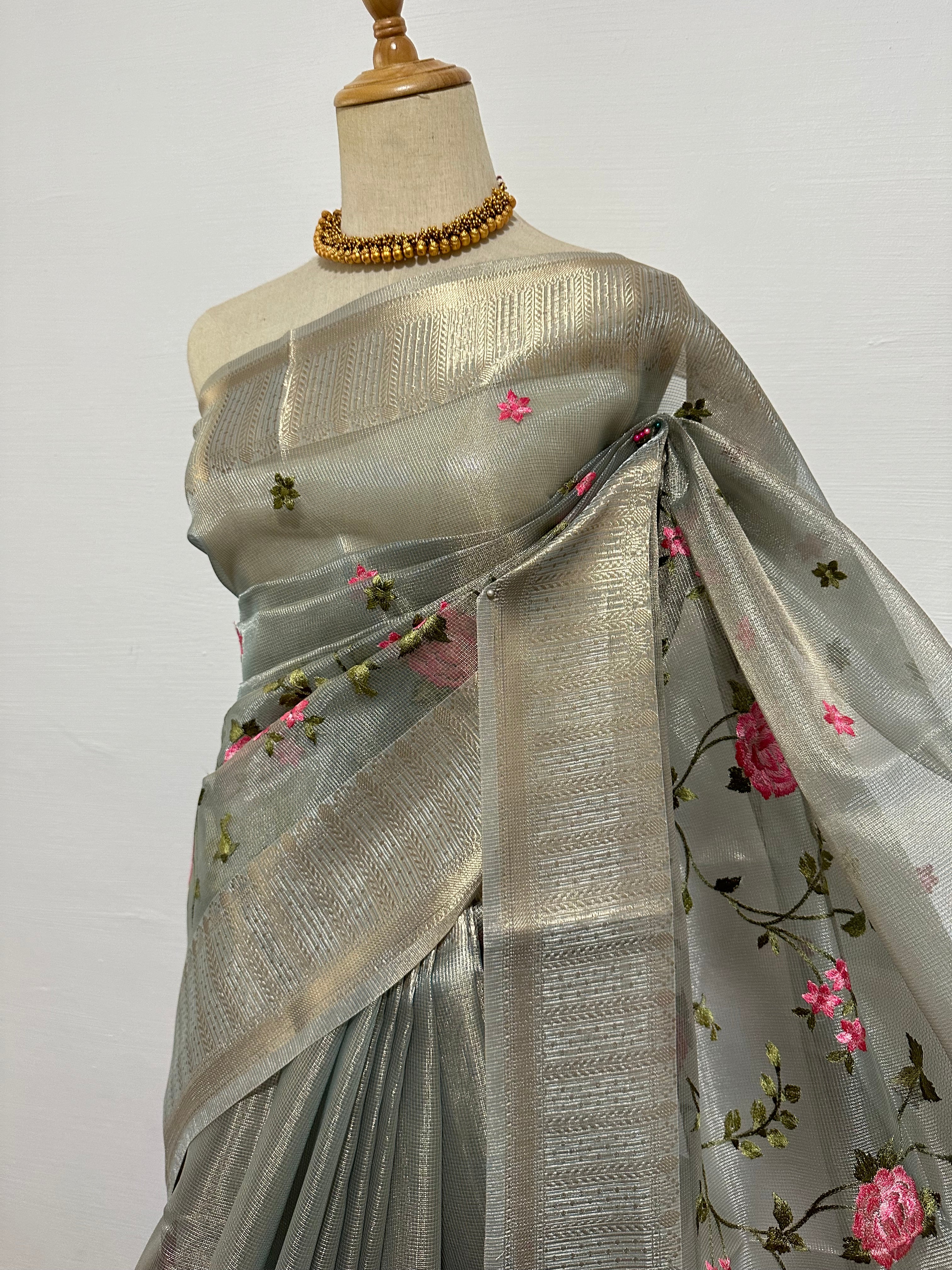 Tissue Silk Embroidery Saree - Grey