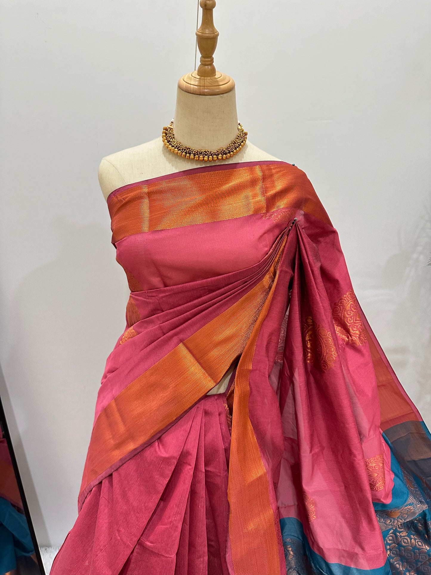 Silk Cotton Copper Zari Saree - Dusky Pink & Light blue