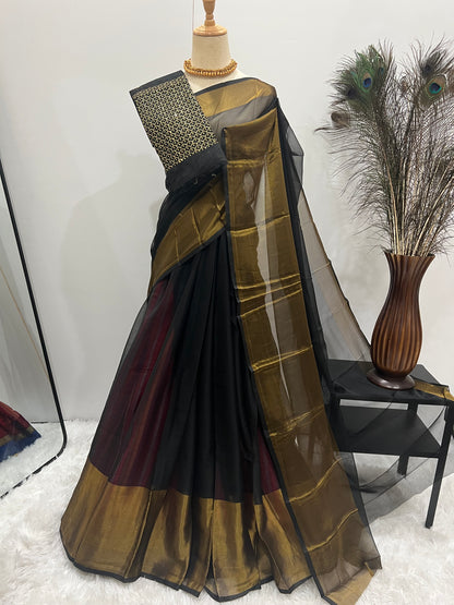 Chiffon Saree with Gold Border & Aari Blouse - Black