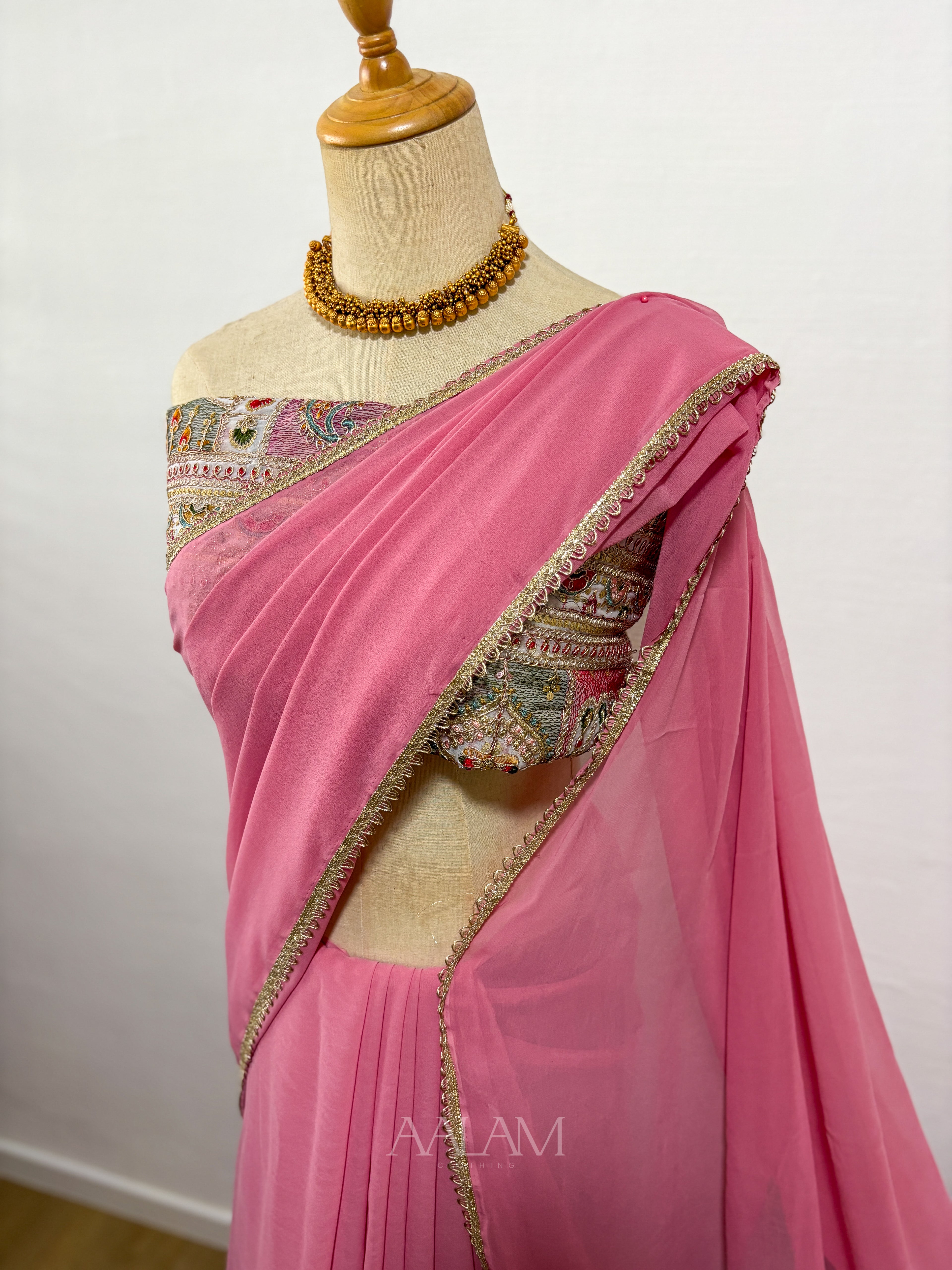 Georgette Saree with Embroidery Blouse Work - Rose Milk