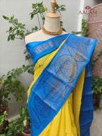 Madurai Mayil Long Border Saree - Yellow & Blue
