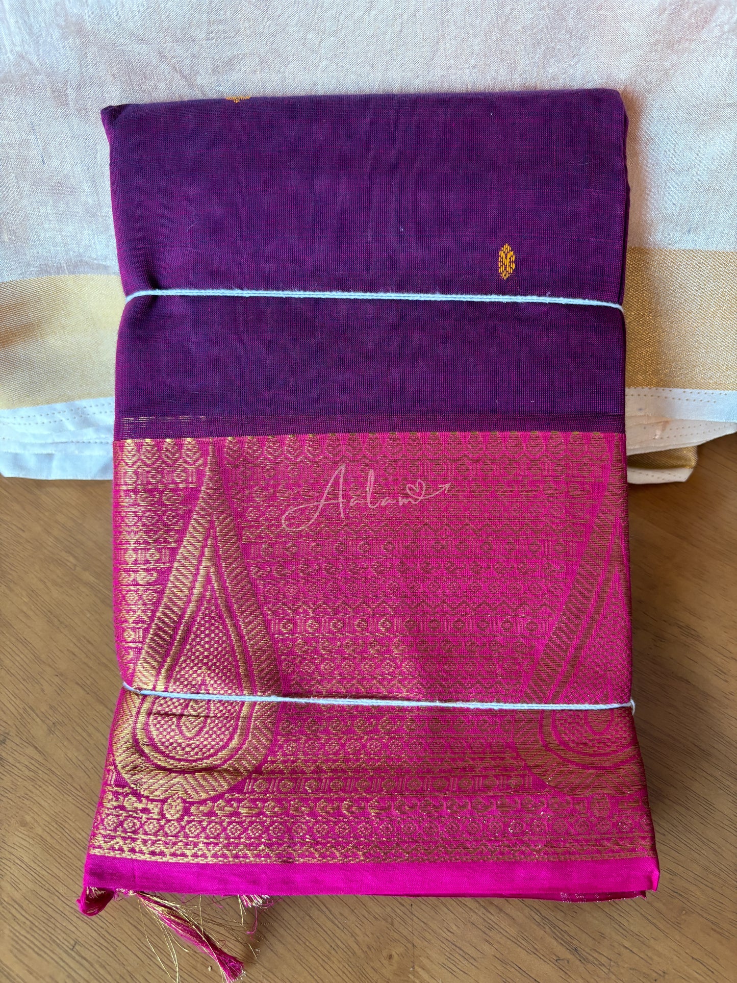 Cotton Saree Leaf Design - Plum & Pink