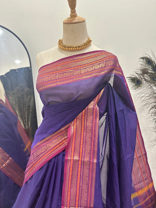 Cotton Saree - Dark Purple & Pink