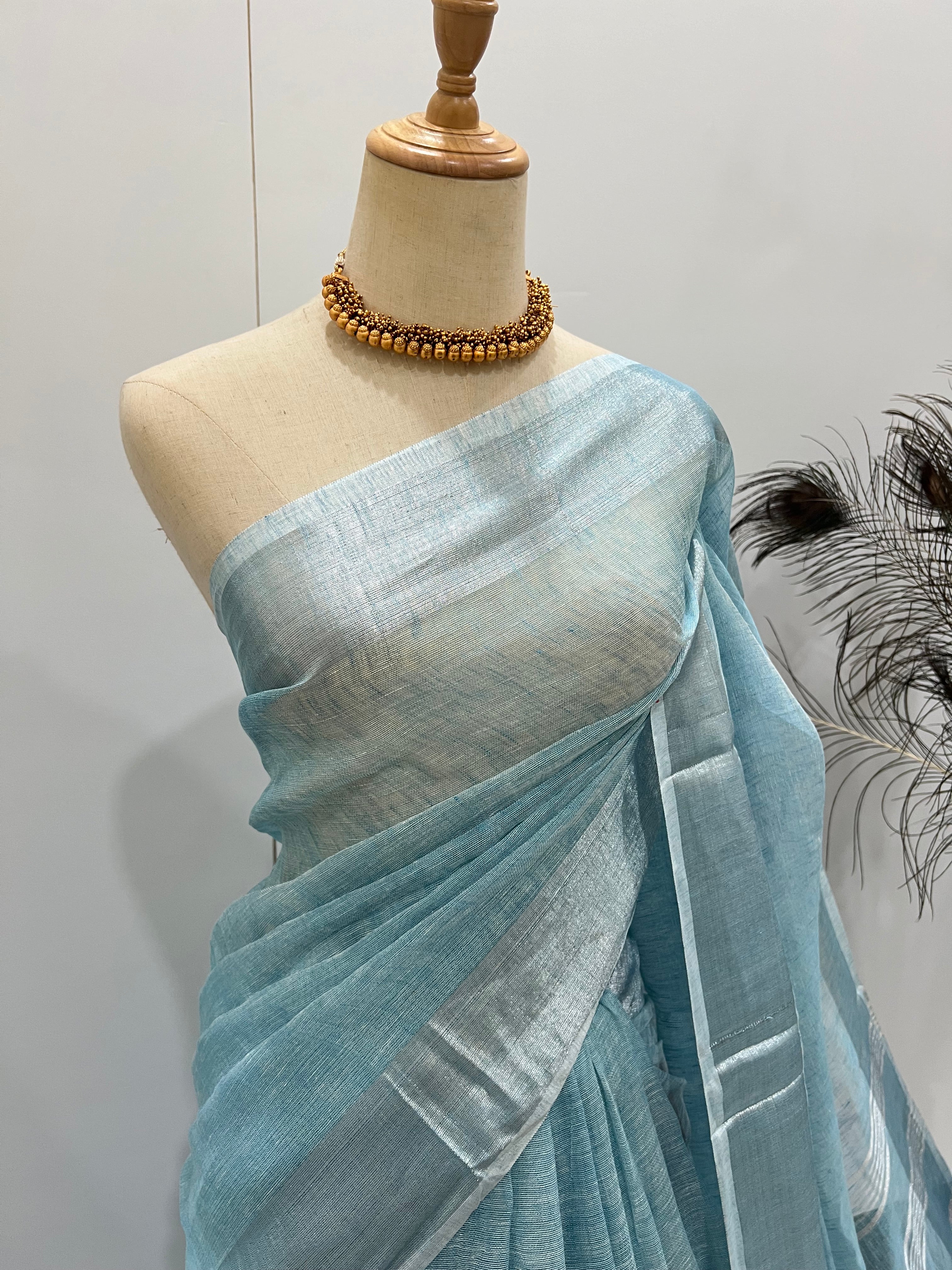 Linen Silver Zari - Pastel Blue