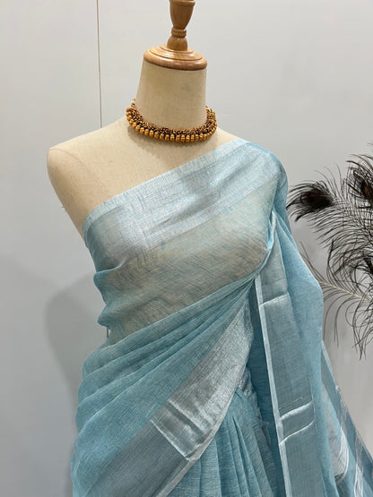 Linen Silver Zari - Pastel Blue