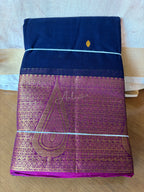 Cotton Saree Leaf Design -  Navy Blue & Pink
