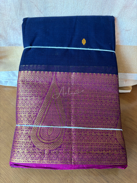 Cotton Saree Leaf Design -  Navy Blue & Pink