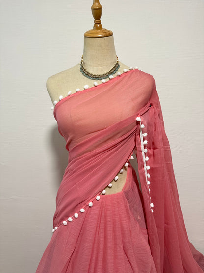 Georgette Pom Pom Saree - Pink