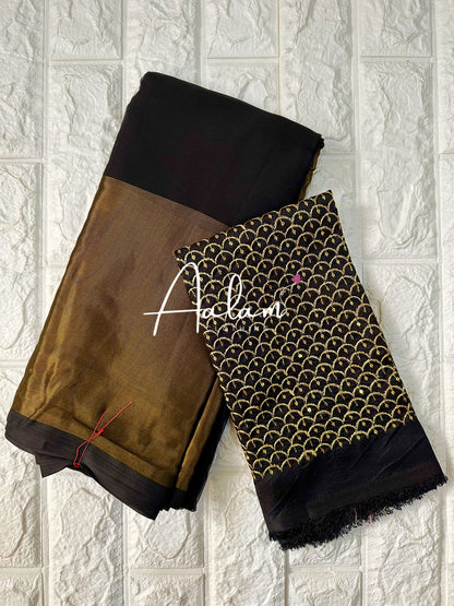 Chiffon Saree with Gold Border & Aari Blouse - Black