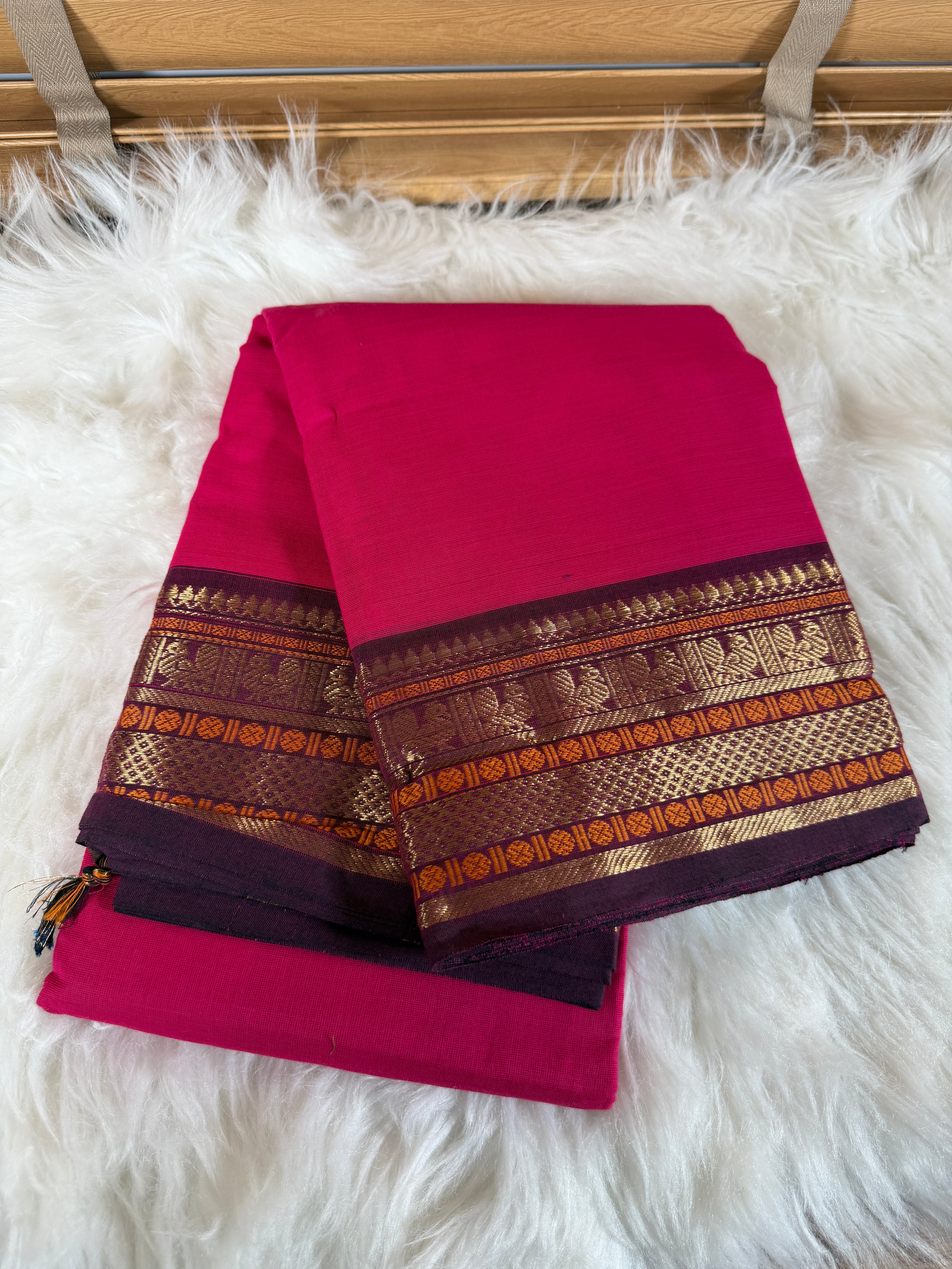 Cotton Saree - Pink & Purple Border