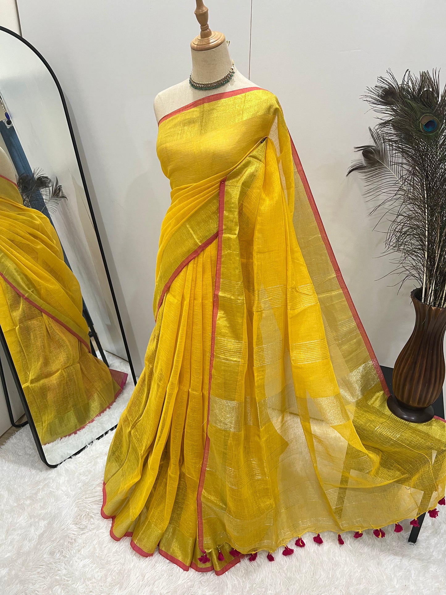 Linen Gold Zari - Yellow & Pink