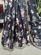 Tussar Silk embroidery lace Saree - Floral Black