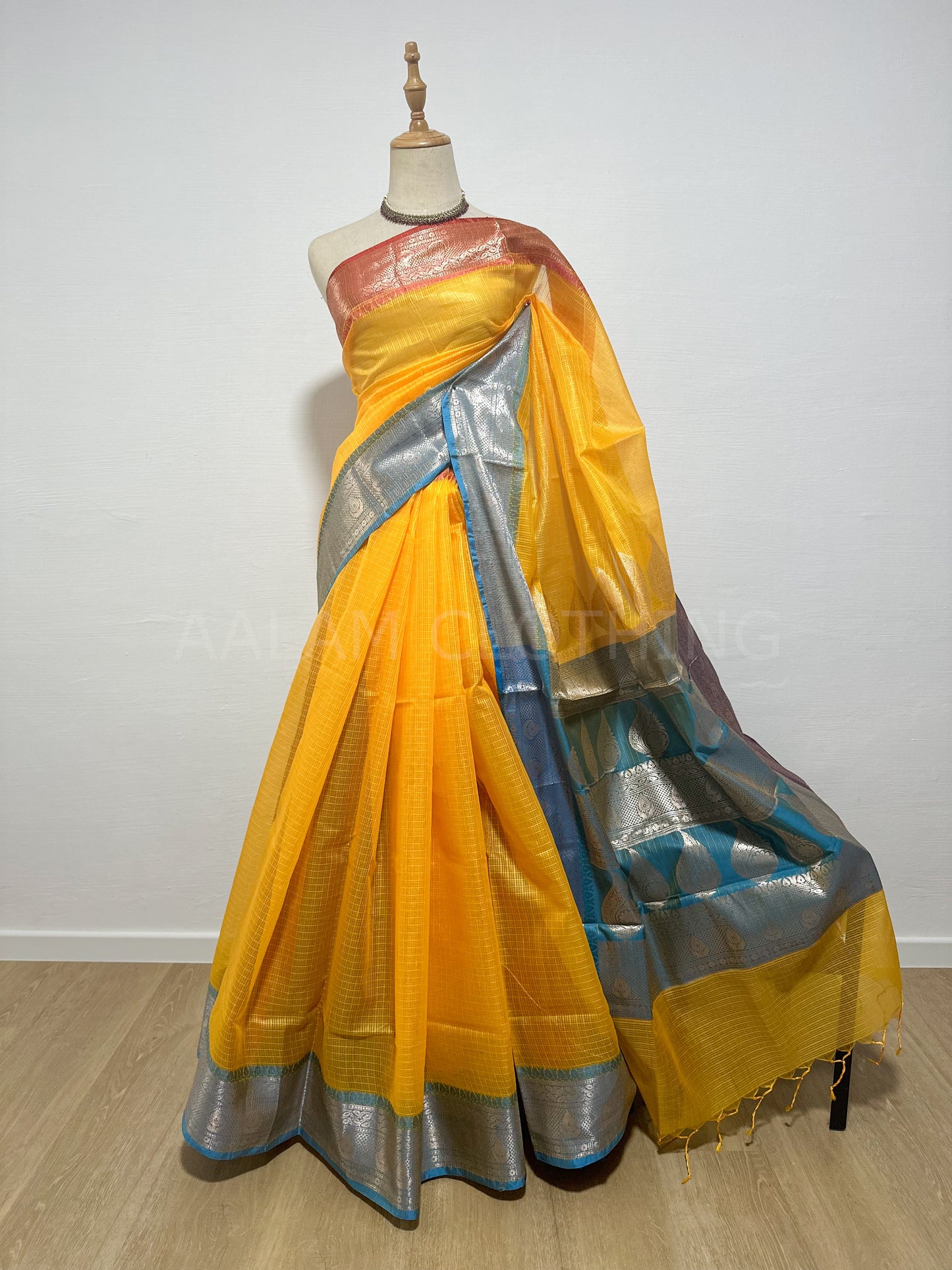 Yellow Cotton Kota Soft Silk Saree - Blue & Pink Border