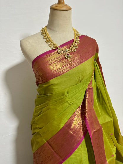 Cotton Saree - Parrot Green & Pink