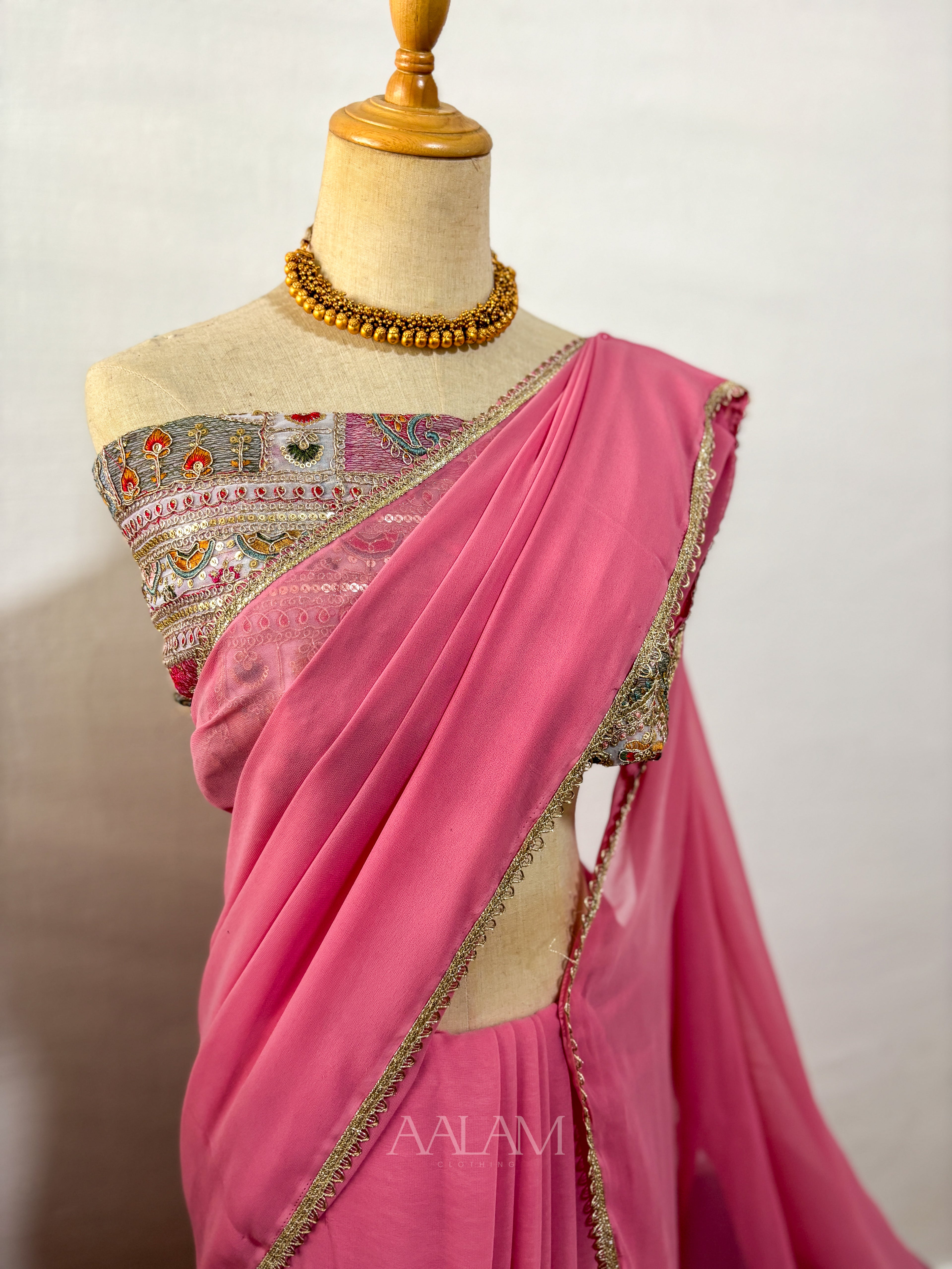 Georgette Saree with Embroidery Blouse Work - Rose Milk
