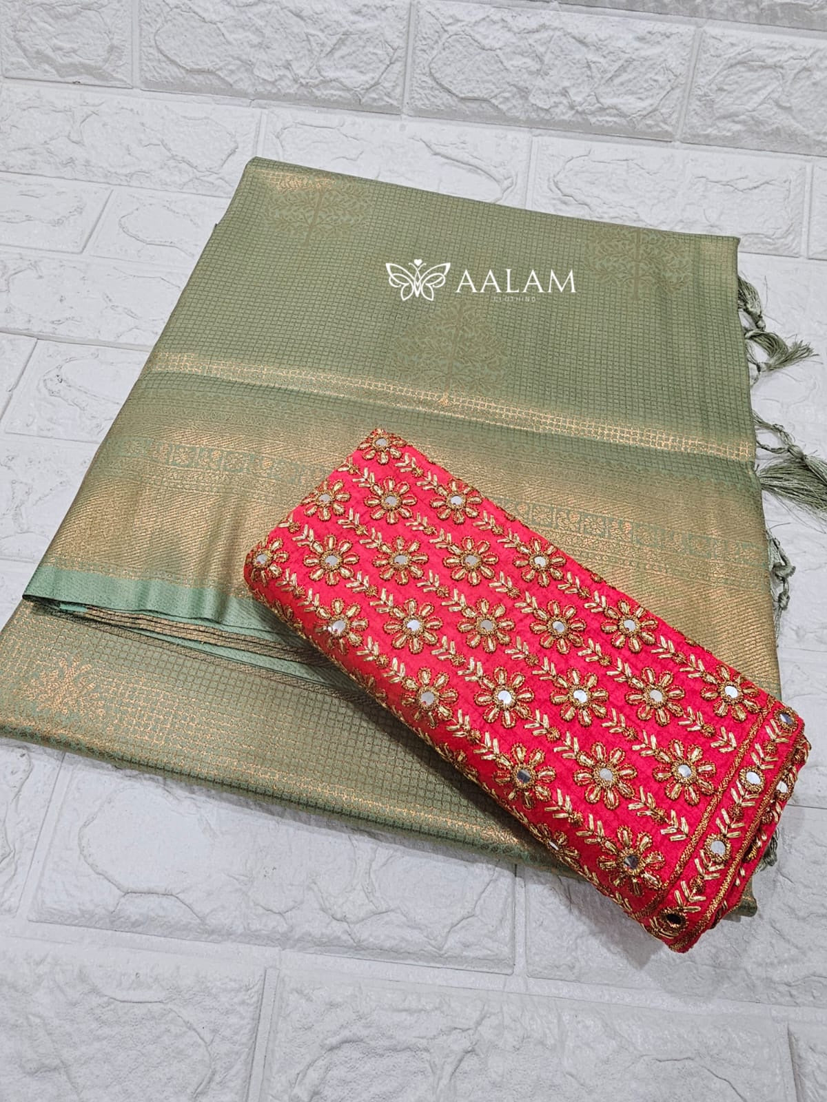 Kubera Silk Saree w Aari blouse - Sage & Chilli Red